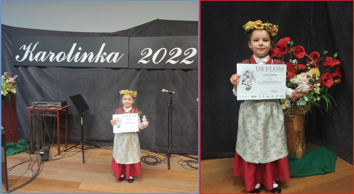 Zdjęcie dziewczynki trzymającej dyplom z podziękowaniem za udział w konkursie piosenki Mała Karolinka